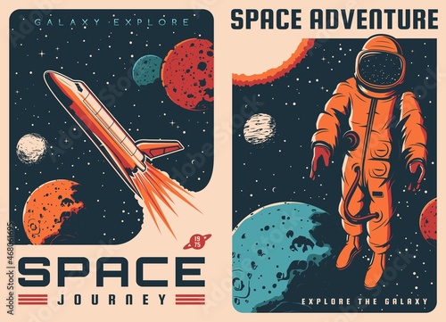 Fototapeta Naklejka Na Ścianę i Meble -  Spaceship and astronaut in outer space retro posters. Vector vintage cards cosmic journey, universe exploration and adventure. Cosmonaut in spacesuit float in weightlessness, galaxy research mission