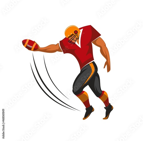 American football quarterback player hitting ball. Gridiron football player, athlete vector character in protective helmet and uniform throwing or kicking ball, making pass, shooting goal