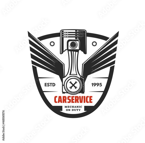 Car service icon with engine winged piston. Vehicle repair garage station, mechanic workshop or automobile maintenance service monochrome vector badge, retro vector emblem with car engine spare part