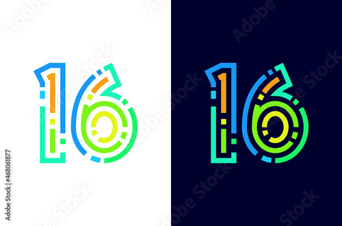 Number 16 digital logo with colorful line