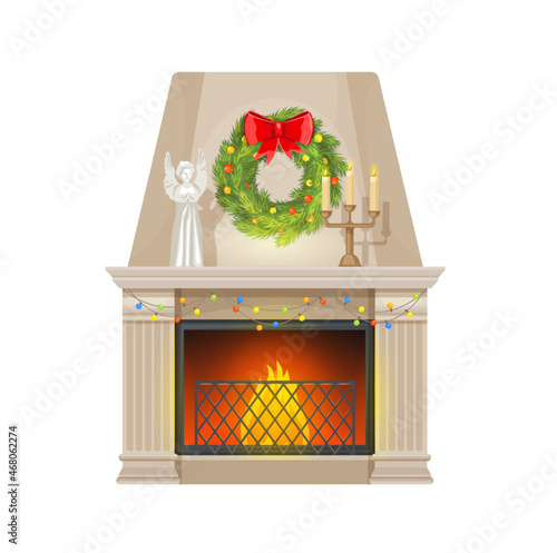 Christmas fireplace with vector pilasters, mantelpiece and chimney, decorated with Xmas tree wreath, lights and red ribbon, angel and candles. Cartoon fire place or hearth with fire, festive interior