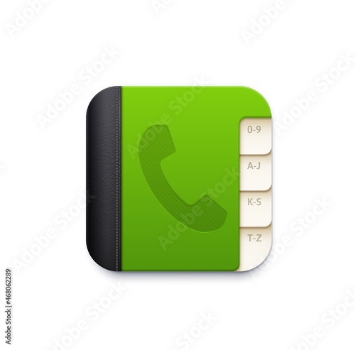 Phone book vector icon of contact app button. Isolated 3d notebook of address book or telephone directory with alphabet index tabs, leather cover and phone tube symbol, web and mobile application