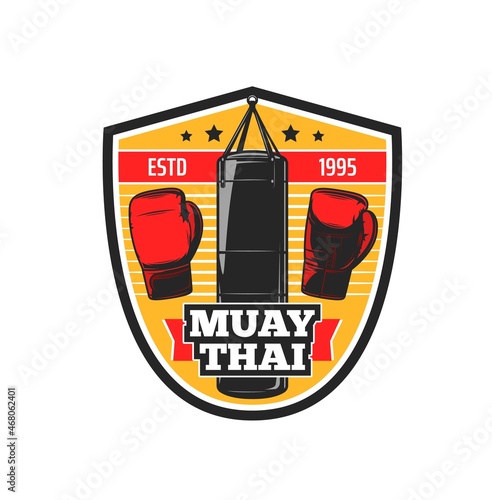 Muay Thai icon. Martial art and combat sport retro badge. Fighting tournament, Thailand boxing championship or Muay Thai training center vector emblem with boxing gloves and punching bag
