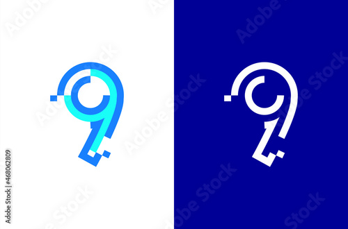 Number 9 digital logo. Numbers design with technology concept. Line logo and pixel
