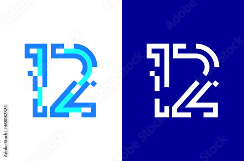 Number 12 digital logo. Numbers design with technology concept. Line logo and pixel