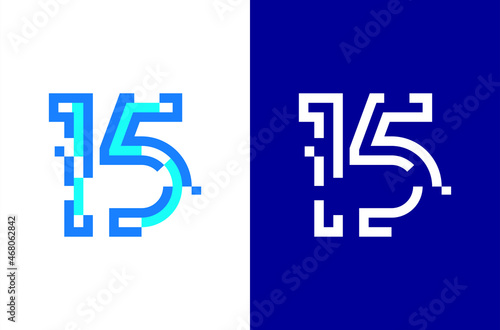 Number 15 digital logo. Numbers design with technology concept. Line logo and pixel