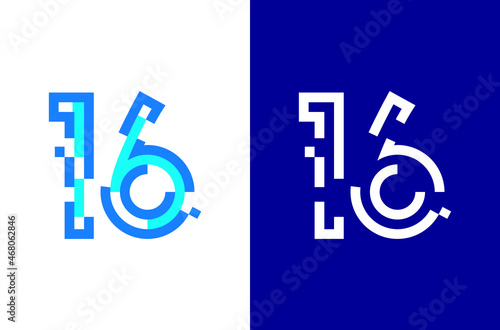 Number 16 digital logo. Numbers design with technology concept. Line logo and pixel