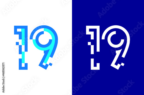 Number 19 digital logo. Numbers design with technology concept. Line logo and pixel