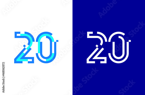 Number 20 digital logo. Numbers design with technology concept. Line logo and pixel