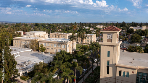 Daytime aerial view of the historic skyline of the city of Orange, California, USA.