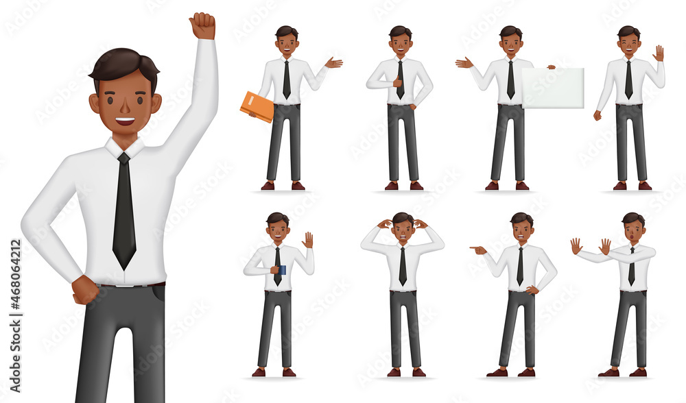 Set of 3d vector businessman character illustration design. Presentation in various action. People working in office planning, thinking and economic analysis.