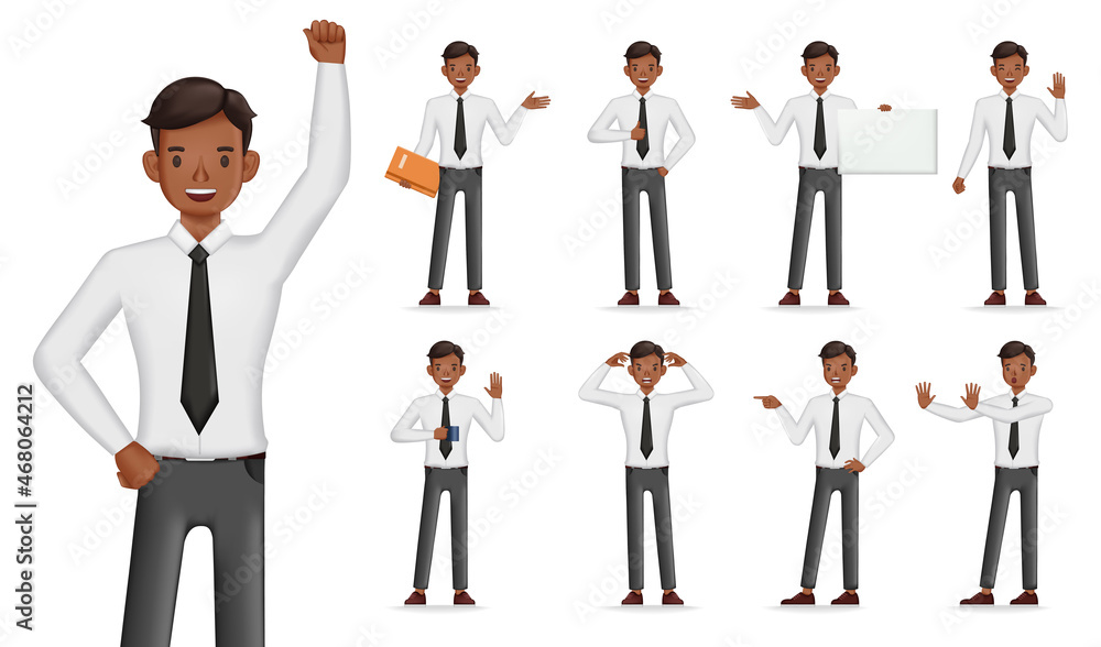 Set of 3d vector businessman character illustration design. Presentation in various action. People working in office planning, thinking and economic analysis. Set of 3d vector businessman character illustration design. Presentation in various action. People working in office planning, thinking and economic analysis.