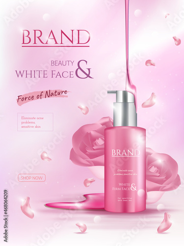 Vector illustration of Cosmetic ads template with water drop on bottle and pink rose on light pink background