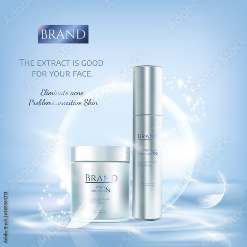 Realistic skin care cream. Tube serum, container cosmetic light blue background soft bubble and white feather. 3d template mockup for branding to promote luxury cosmetic product vector illustration