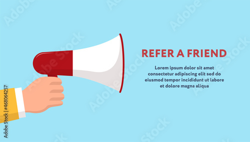 Refer a friend concept. Vector illustration with copy space. Man in yellow suit is holding red-white loudspeaker on blue backdrop