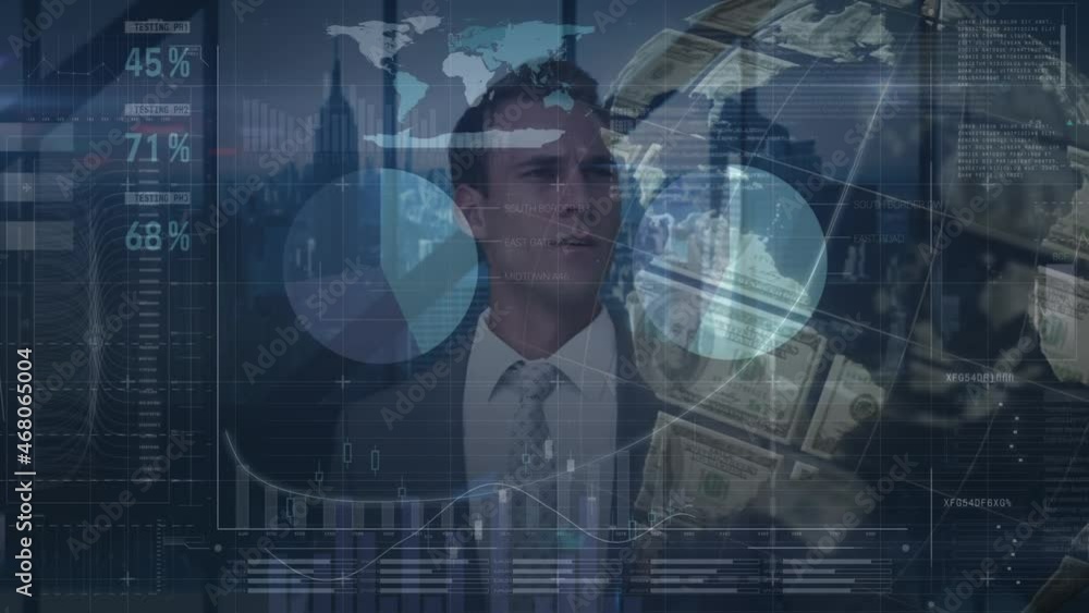Animation of globe of dollars rotating over businessman using interface with data processing Animation of globe of dollars rotating over businessman using interface with data processing