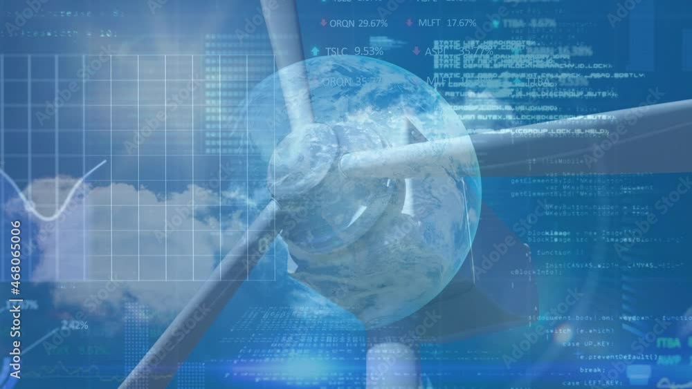 Animation of data processing and globe over wind turbine Animation of data processing and globe over wind turbine