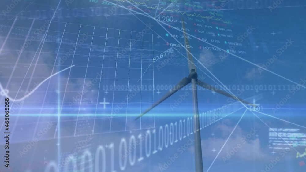 Animation of financial data processing and binary coding over wind turbine Animation of financial data processing and binary coding over wind turbine