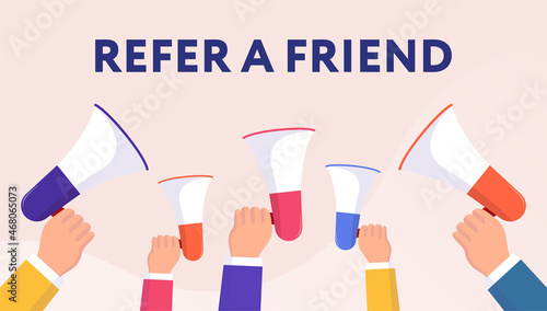 Refer and earn. Vector illustration in flat design. People holding colorful loudspeakers on beige wavy background
