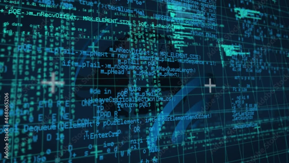 Animation of data processing and globe over gird Animation of data processing and globe over gird
