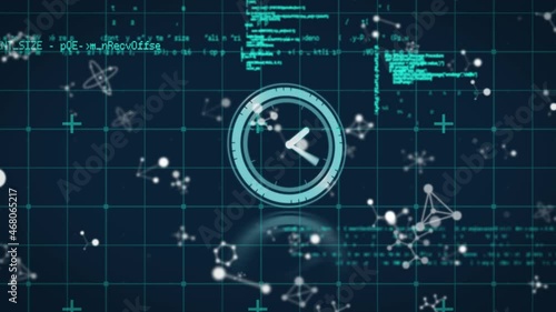 Animation of data processing, molecules and clock moving fast over gird