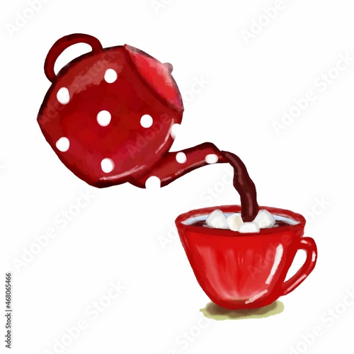 watercolor teapot and pour hot chocolate into a red cup