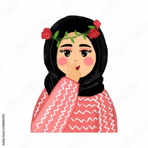 digital painting of beautiful girl in hijab with heart shaped hand grunt