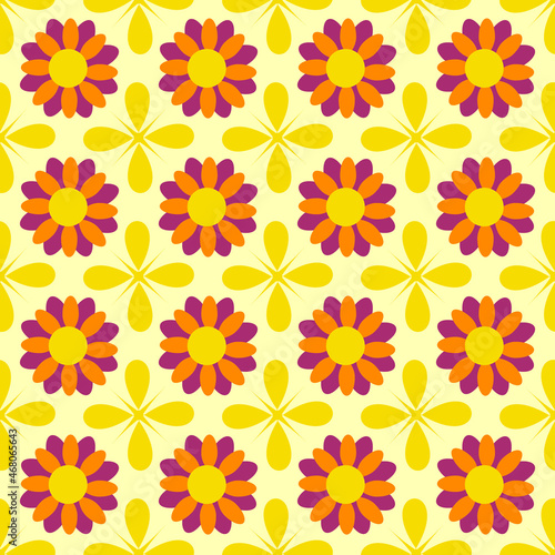 Retro pattern from multi-colored flowers. Drawing in hippie and 70s style. Vector illustration. For use in packaging, brochures, fabrics, prints.