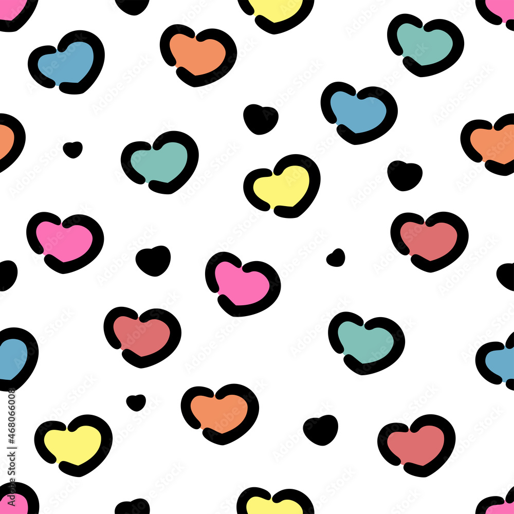 Vector illustration with cute animal seamless pattern. Heart shaped colorful spots on white background Vector illustration with cute animal seamless pattern. Heart shaped colorful spots on white background