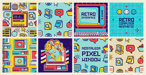 Square posters and seamless patterns set. Sticker pack of retro computer elements. Old computer aesthetic pixel window  1980s -1990s style. Cool retrowave user interface and desktop illustration.