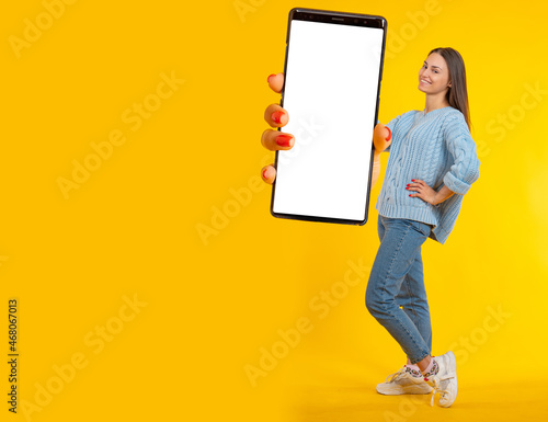 Woman phone. Empty cellphon...