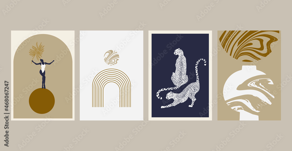 Vector hand drawn minimalistic illustration of cheetah, girl . Creative artwork set with geometric elements. Template for card, poster, banner, print for t-shirt, pin, badge, patch.