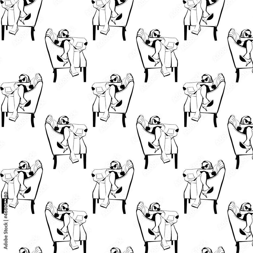 Vector hand drawn pattern with girl in shawl and glasses reading newspaper seating in the armchair. Creative artwork. Template for card, poster, banner, print for t-shirt, pin, badge, patch. Vector hand drawn pattern with girl in shawl and glasses reading newspaper seating in the armchair. Creative artwork. Template for card, poster, banner, print for t-shirt, pin, badge, patch.