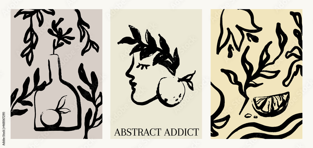 Vector set with hand drawn illustration with still life with floral elements, face . Creative artwork. Template for card, poster, banner, print for t-shirt, pin, badge, patch.