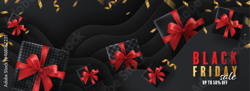 Black Friday background and ound podium  gift box, red ribbon and gold  Floating Ribbon with craft style.