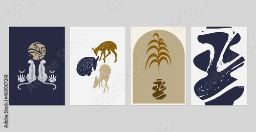 Vector hand drawn minimalistic illustration of fawns,cheetah . Creative artwork set with geometric elements. Template for card, poster, banner, print for t-shirt, pin, badge, patch.