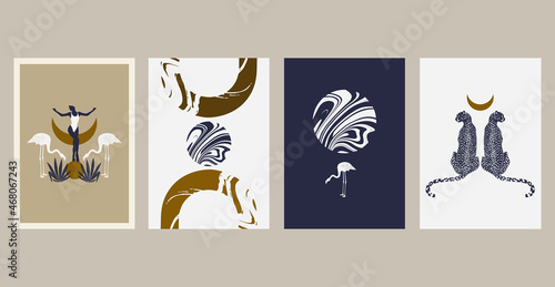 Vector hand drawn minimalistic illustration of cheetah, girl, flamingo . Creative artwork set with geometric elements. Template for card, poster, banner, print for t-shirt, pin, badge, patch.