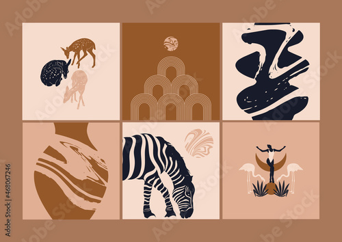 Vector hand drawn minimalistic illustration of zebra, girl, deer . Creative artwork set with geometric elements. Template for card, poster, banner, print for t-shirt, pin, badge, patch.