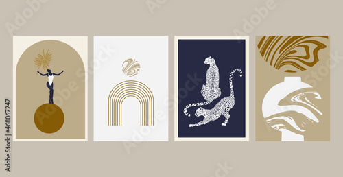 Vector hand drawn minimalistic illustration of cheetah, girl . Creative artwork set with geometric elements. Template for card, poster, banner, print for t-shirt, pin, badge, patch.