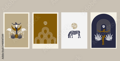 Vector hand drawn minimalistic illustration of zebra,girl, flamingo . Creative artwork set with geometric elements. Template for card, poster, banner, print for t-shirt, pin, badge, patch.