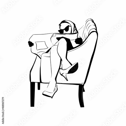 Vector hand drawn illustration of  girl in shawl and glasses reading newspaper seating in the armchair. Creative artwork. Template for card, poster, banner, print for t-shirt, pin, badge, patch.
