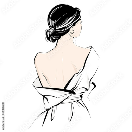 Vector hand drawn illustration of  girl in kimono with bare back. Creative artwork. Template for card, poster, banner, print for t-shirt, pin, badge, patch.