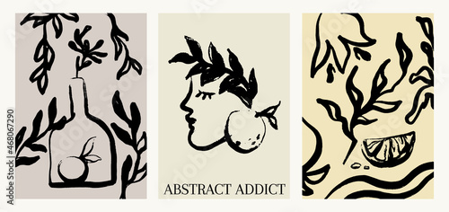Vector set with hand drawn illustration with still life with floral elements, face . Creative artwork. Template for card, poster, banner, print for t-shirt, pin, badge, patch.