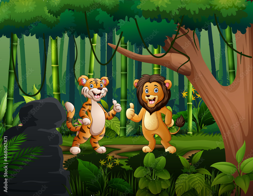 Naklejka premium Cute lion and tiger giving thumb up at the jungle