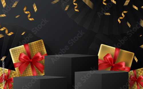 Black Friday background and ound podium  gift box, red ribbon and gold  Floating Ribbon with craft style.