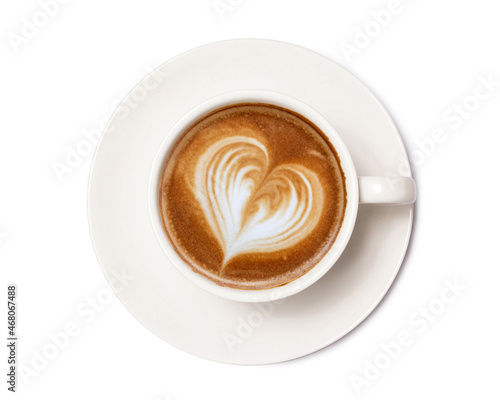 Coffee cup of art latte with froth heart shaped isolated on white background. with clipping path.