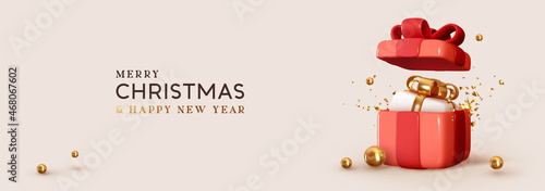 Christmas open gift box realistic 3d design, with surprise inside. Gold glitter confetti. Happy New Year and Xmas background. Present boxes for birthday. Holiday banner, web poster, header for website