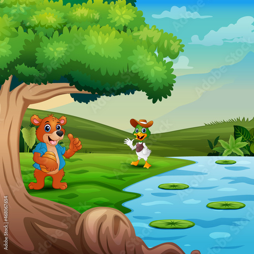 Fototapeta Naklejka Na Ścianę i Meble -  Cartoon sun bear meeting a duck by the river