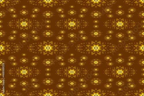 Seamless geometric ethnic fabric pattern, golden flower pattern, Thai fabric pattern design, carpet, wallpaper, curtain, cushion, clothing, wrap, batik, brown background fabric pattern