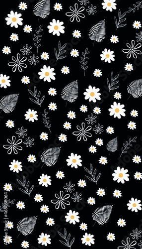 Seamless pattern colorful flowers and tropical leaves of trees on black background, flat line vector illustration.